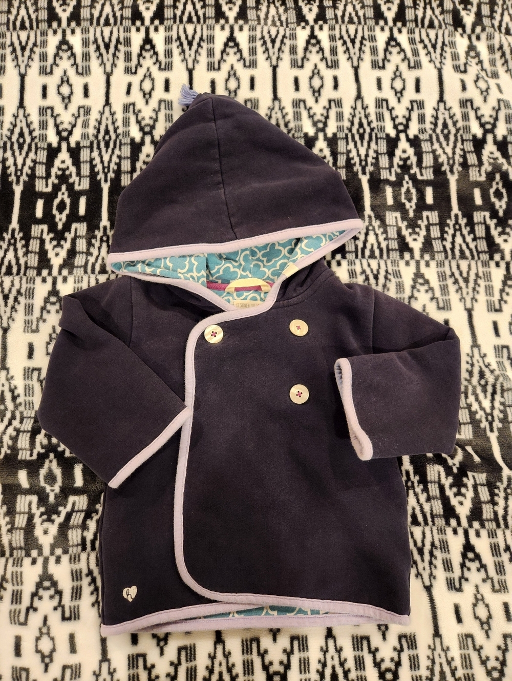 Hatley Navy Pea Coat with Lavender Trim and Teal Lined Hood, Size 18-24M